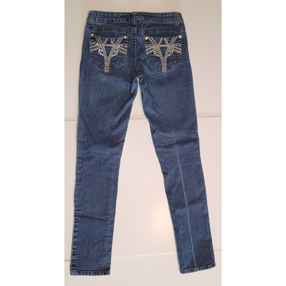Seductions Women's Skinny Jeans Size 7x33 Dark Blue Stretch Denim Rhinestone Poc